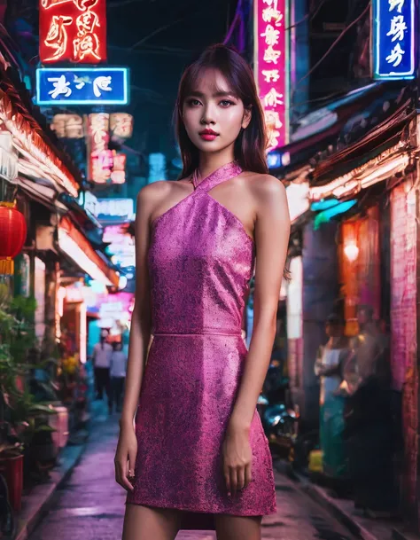 a beautiful young woman, lisa, standing in the middle of yaowarach street in bangkoks china town, surrounded by neon lights and contrast, spotlight on her only, no other people, intricate details, hyper realistic, photo-realistic, masterpiece, 8k, high qua...