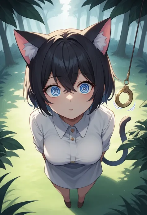 score_9, score_8_up, score_7_up, source_anime, BREAK, freng, (pendulum, motion lines, hypnosis), (from above), 1girl, (mature female), solo, @ @, spiral eyes, cat tail, cat ears, black hair, blue eyes, (cross-eyed, confused), raised eyebrow, tail, crossed ...