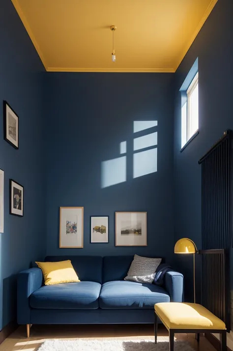 Bedroom with navy blue wall and yellow light and sofa in the background 