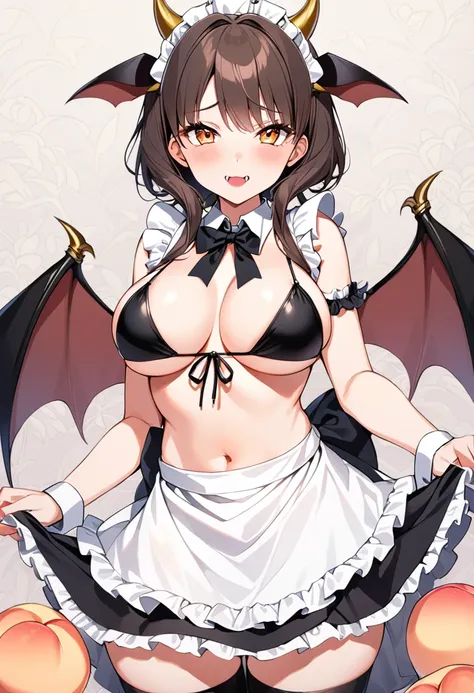 10th Generation,A beautiful woman,Beautiful breasts,Moe,Succubus,bat wings on the back,,Cow horns on the side of the head,Peach front tie bikini top,Ruffled apron dress,Headdress,Maid,Black knee socks