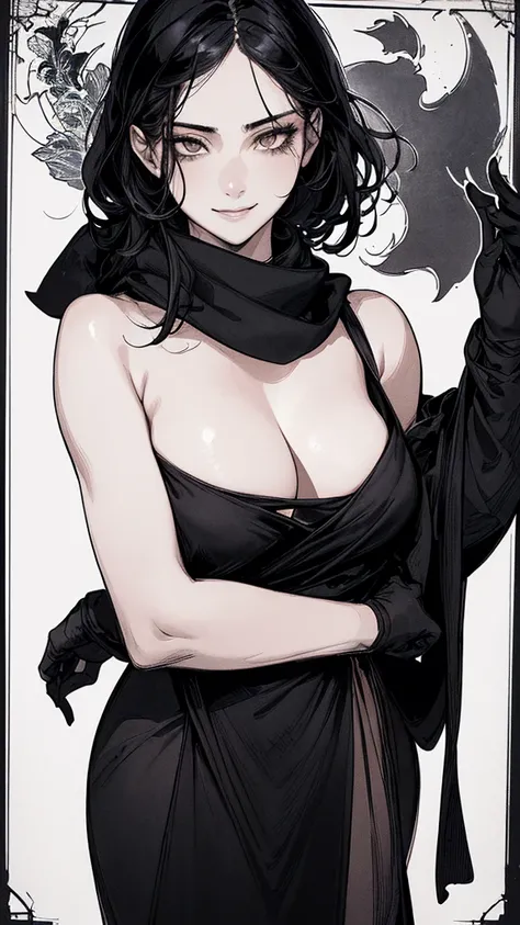 Highest quality, (Background details), High Contrast, Very beautiful woman, Detailed original illustrations, functional, Delicate face, Black Hair、Ninja, Ninja costume, scarf, Face covered with a hand towel, Charm, Bad boy, sexy, Real breasts, Crazy Smile,...