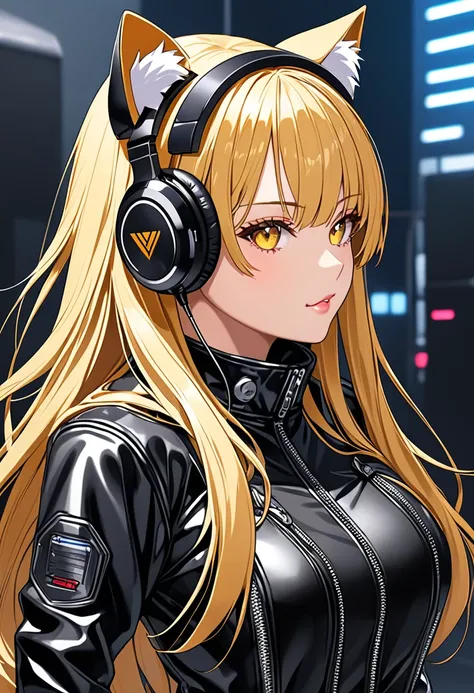 high quality,　Blonde woman、Leather Suit、cyber-、Cat ear headphoneechanical