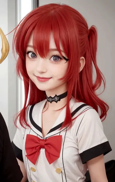 school girl with red hair and a uniform, realistic eyes and beautiful smile