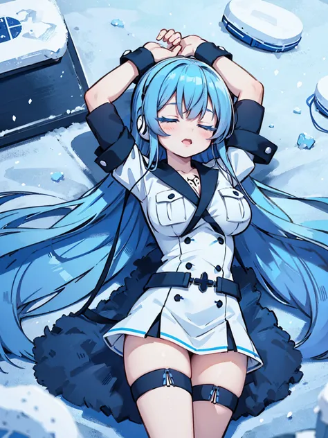 (artwork, best quality) a girl with long blue hair, closed eyes, blue eyelashes, white sailor suit, big breasts, perfect body, beautiful eyes, good waist, tattoo, screaming with joy, arms and legs open, listening to music with a headset, lying in the snow