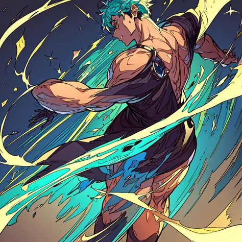 a wizard with his back, manipulating crystals just showing your skill, He has short hair that falls across his black, disheveled face., has a slightly muscular physique