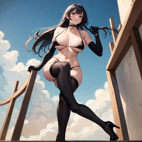 (Best Quality,incomparable masterpiece:1.4),CG 4k ultradetallado,4k,Masterpiece,Best Quality, high resolution, Best Quality, high resolution, (huge breasts:1.2), sky, from below, 1 girl, kasumi, detailed face, detailed eyes, black hair, black micro bikini,...