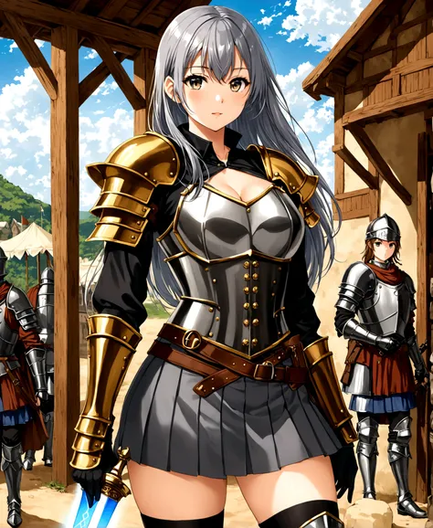 /(front focus), In a military camp, in a fantasy and Steampunk world, a beautiful woman, 18 years old, officer, in a training camp, carrying a light sword, in the middle of the day, observing the landscape over her shoulder, /(extremely long straight hair,...