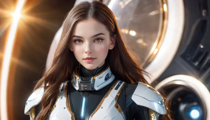 a beautiful 19 yo Arkansas woman with long brown hair, amber eyes, wearing a New Foundland military space battle suit next to gold and chrome futuristic Venusian spacecraft, intricate detailing, HDR, vibrant contrast, 32k resolution, luminism lighting tech...