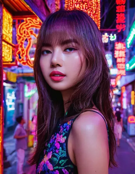 a beautiful young woman, detailed face of lisa, standing in the middle of yaowarach street in bangkok's china town, surrounded b...