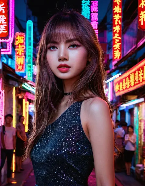 a beautiful young woman, detailed face of lisa, standing in the middle of yaowarach street in bangkok's china town, surrounded b...