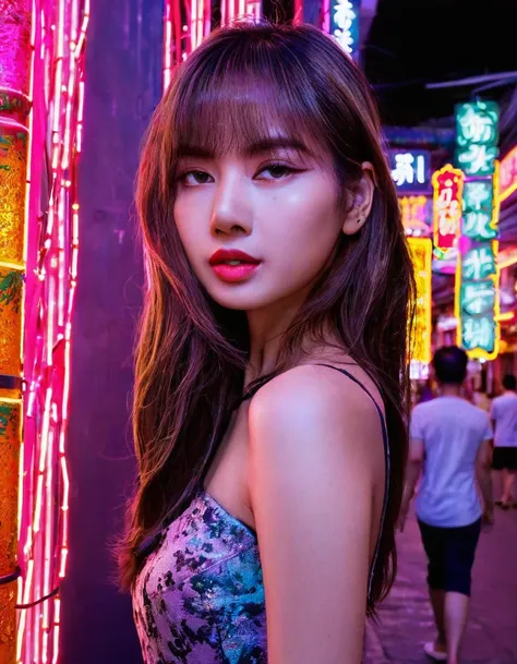 a beautiful young woman, detailed face of lisa, standing in the middle of yaowarach street in bangkok's china town, surrounded b...