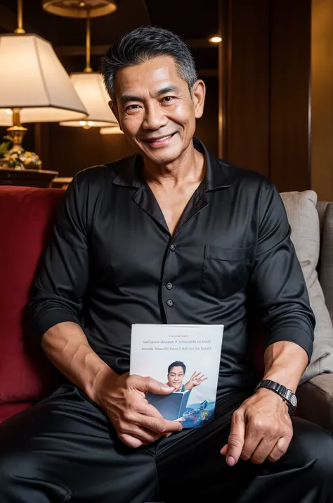 photorealistic,man,Thai person,Age 59 years,little black hair,Looks good,Oval face,Clear eyes,smile,5 fingers(Not more than 5 inches),Wear black pajamas,Sit and read a book.,At the casino,Catch the book,Take a picture of yourself,Sharp picture,realisticall...