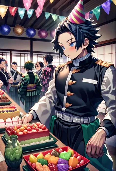 Ultra detailed, high resolution, absurd, HDR, masterpiece, Demon Slayer, Kimetsu no Yaiba, Demon Slayer, Kimetsu no Yaiba, Tomioka Giyuu, Uzui Tengen, Sanemi Shinazugawa, the hashiras are wearing birthday party hats, handsome, strong man, its someones birt...