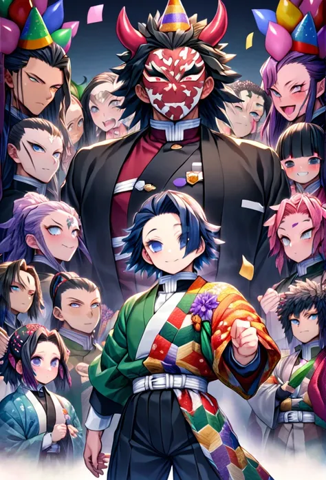 Ultra detailed, high resolution, absurd, HDR, masterpiece, Demon Slayer, Kimetsu no Yaiba, Demon Slayer, Kimetsu no Yaiba, Tomioka Giyuu, Uzui Tengen, Sanemi Shinazugawa, the hashiras are wearing birthday party hats, handsome, strong man, its someones birt...