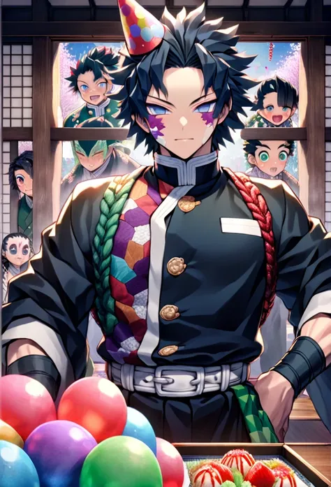 Ultra detailed, high resolution, absurd, HDR, masterpiece, Demon Slayer, Kimetsu no Yaiba, Demon Slayer, Kimetsu no Yaiba, Tomioka Giyuu, Uzui Tengen, Sanemi Shinazugawa, the hashiras are wearing birthday party hats, handsome, strong man, its someones birt...