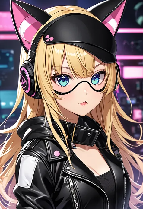 high quality,　Blonde woman、Leather Suit、cyber-、Cat ear headphones、cute、first round、Eye patch