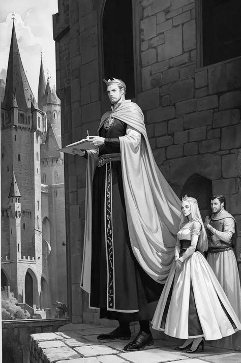 watercolor illustration, black andwhite, classic tales, medieval times, several characters together (hero and heroine, villains, King and queen) standing in front of a castle.