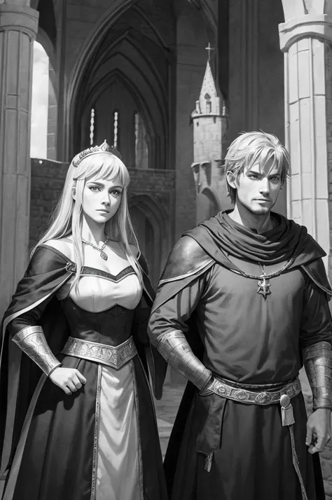 watercolor illustration, black andwhite, classic tales, medieval times, several characters together (hero and heroine, villains, King and queen) standing in front of a castle.