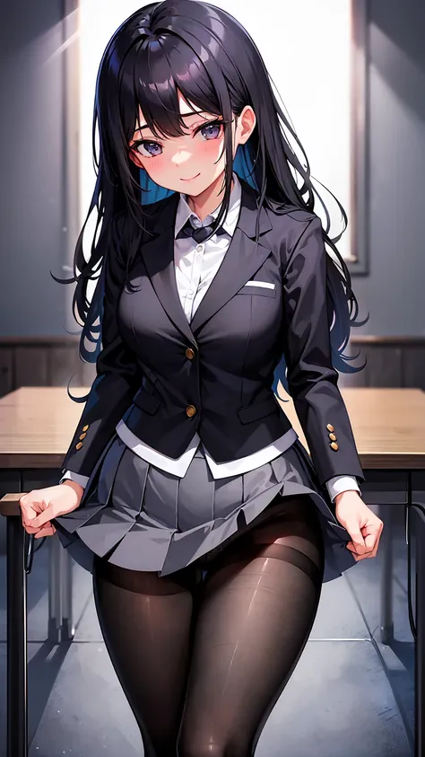 One Girl, Five Fingers, mini skirt, Looking down at the viewer, Black Hairロングヘアー, Highest quality, Focus on the thighs, Dynamic pose, smile, blazer, blouse, Black Pantyhose, panties under pantyhose, Standing Split, classroom, Black Hair, Stylish pose,My th...