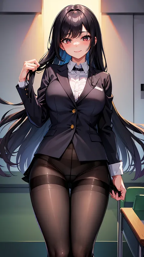 One Girl, Five Fingers, mini skirt, Looking down at the viewer, Black Hairロングヘアー, Highest quality, Focus on the thighs, Dynamic pose, smile, blazer, blouse, Black Pantyhose, panties under pantyhose, Standing Split, classroom, Black Hair, Stylish pose,My th...