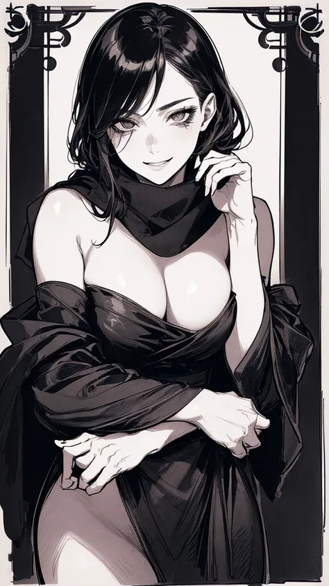 Highest quality, (Background details), High Contrast, Very beautiful woman, Detailed original illustrations, functional, Delicate face, Black Hair、Ninja, Ninja costume, scarf, Face covered with a hand towel, Charm, Bad boy, sexy, Real breasts, Crazy Smile,...