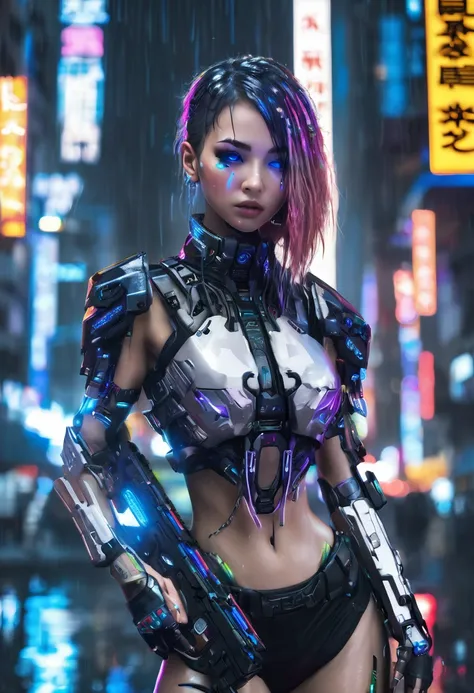 (cl3arcyb, neon, clear cyborg,)＿point the cyber rifle at the viewer＿female cyborg warrior、rainy night in cyberpunk city、