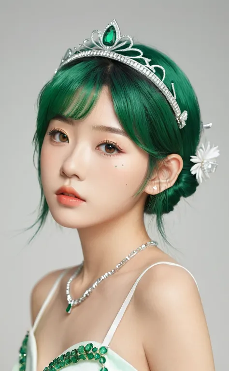 Realistic,Japanese young idol one girl portrait,Upper Body,Green Hair,indoor,View your viewers,Simple Background,Part your lips,emerald tiara,Popular Korean makeup,photoRealistic,