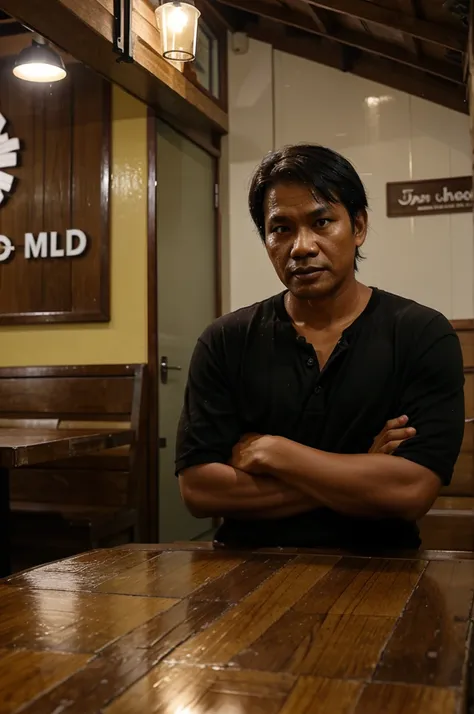 A 40 year old Indonesian man was taking shelter in a rural coffee shop because of heavy rain 