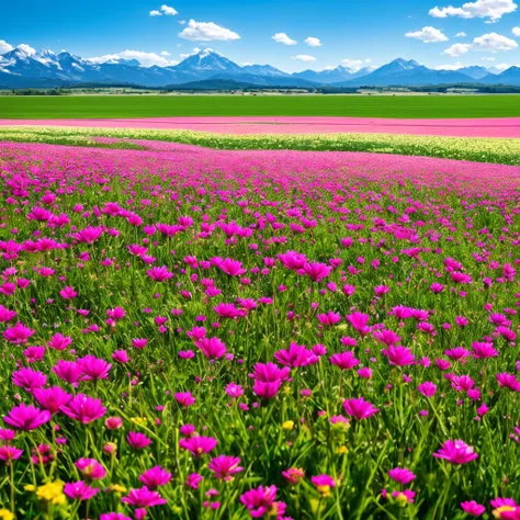 a close up of a field of flowers with mountains in the background, fields of flowers, an aesthetic field of flowers, field of flowers, in a field of flowers, field of fantasy flowers, flower field, field of mixed flowers, field of wild flowers, flower mead...