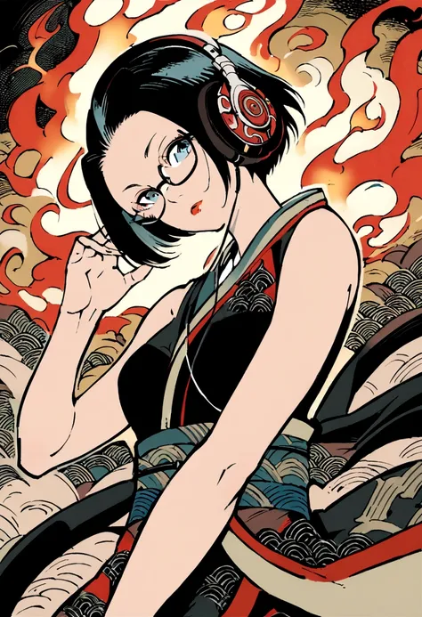 (extremely detailed fine touch:1.3), ukiyoe art, kabuki style, 1girl solo short hair are on fire, (((under-rimmed glasses:1.3))), (headphones:1.3), medium breasts, bare arms,