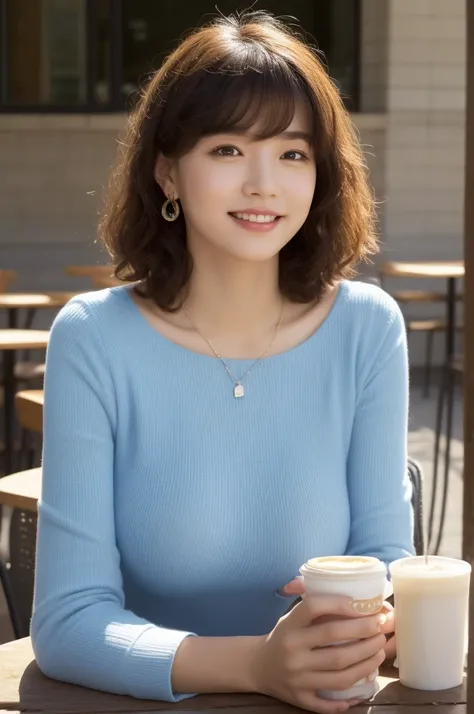 ((Best Quality, 8k, Masterpiece:1.3)), 40k, Perfect Body Beauty:1.4, cinematic lighting, curly hair, short hair, straight Bangs, wearing a light blue crewneck dress , 18 age , (sunny, street:1.2), (in front of cafe:1.2), Highly detailed face and skin textu...