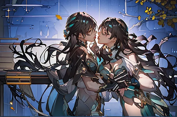 ((best quality)), ((masterpiece)), (detailed), Perfect face，2girls，机械Tentacles，Tentacles从乳沟产生，whole body，fighting，fight，kiss，Transparent cheongsam，Exposed cleavage，Bare butt，Heart tattoo，Tentacles，Mechanical Girl，Glasses