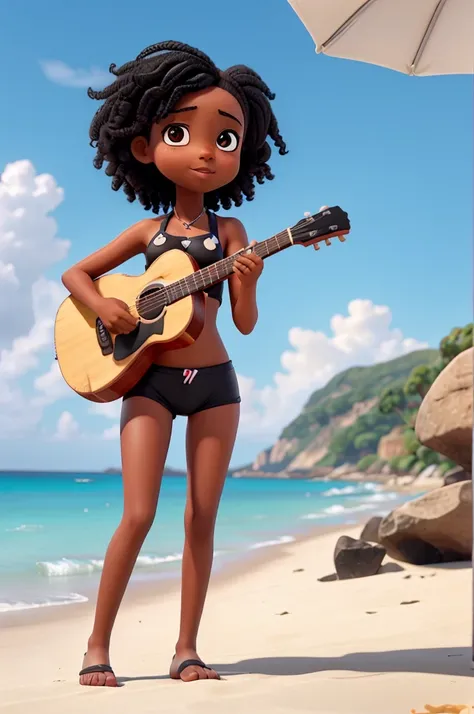 4k, full hd, 10 year old black girl, black hair, on the beach, in a bikini, holding a guitar with her left hand