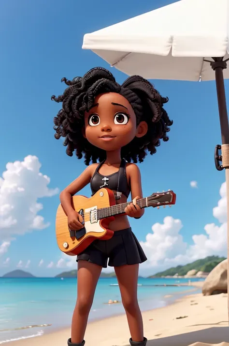 4k, full hd, 10 year old black girl, black hair, on the beach, in a bikini, holding a guitar with her left hand