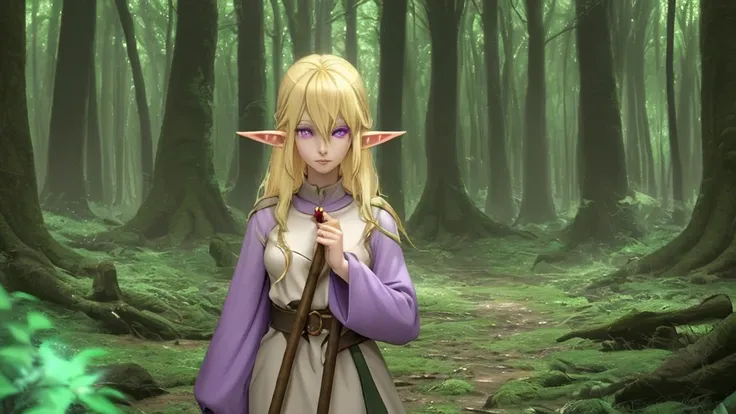 elf ears, Blonde hair, 26 years old, purple eyes, simple staff, Forest Settings, Radiates immense magical power