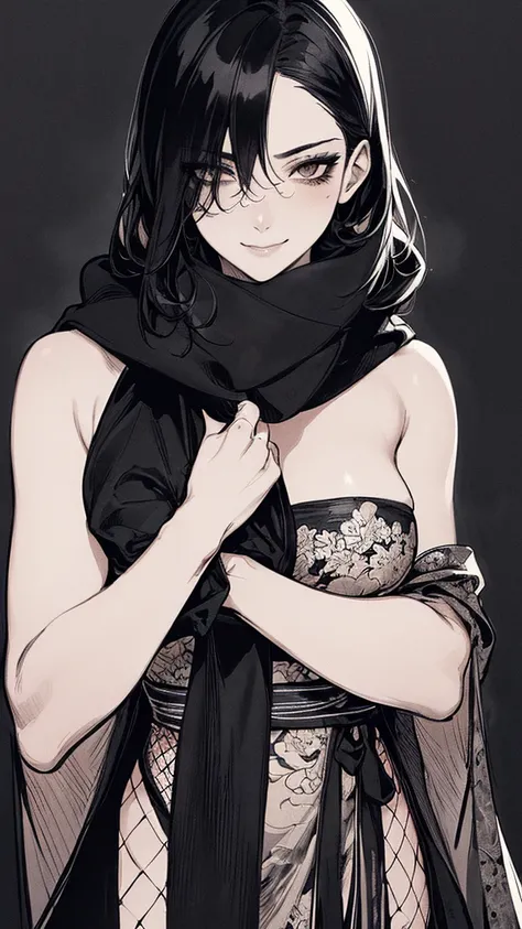 Highest quality, (Background details), High Contrast, Very beautiful woman, Detailed original illustrations, functional, Delicate face, Black Hair、Ninja, Ninja costume, scarf, Face covered with a hand towel, Charm, Bad boy, sexy, Real breasts, Crazy Smile,...