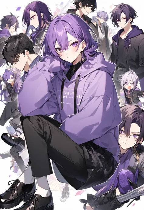 Keito。Purple hoodie。Black Skirt。The man wears black trousers。Purple Eyes。Purple Hair。Black shoes下。Black shoes。Purple HairのPurple Eyesの男の変装