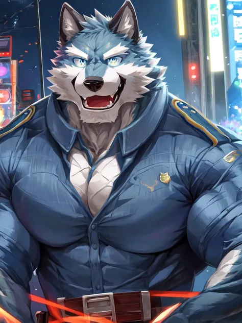 ((solo, one man, 1man)), muscular man wear working as police, police uniform, furry, an anthro (wolf), an anthto, a old man big muscular, happy expression, extremely detailed muscle, detailed face, face, detailed eyes, eyes, detailed muscle, anime, digital...