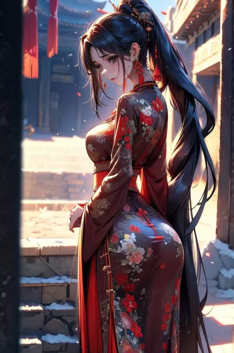 （Abstract Art：1.4）， masterpiece， Best quality， Ultra-high resolution， Big breasts beauty， Visually stunning， （1 Girl：1.2）， Dark Red主题， Dark Red， Bloody， Halo， Looking at the audience ，Full body homosexuality，High heel，Miss，goddess，Dunhuang，Hanfu，red and go...