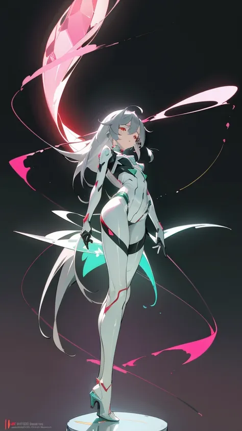 8k, masterpiece, concept_art, (fu_hua), (herrscher_of_sentience), grey_hair, red_eyes, (plug_suit), white_bodysuit, glowing_body...