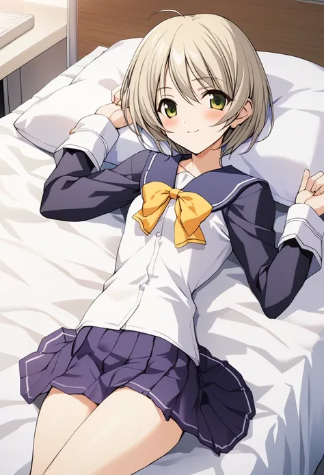 One girl,Kaoru、The whole body is shown、slender body,ideal ratio body proportions,Gentle expression、smile、blush、Shyness、Lying down、Leg spread、With arms outstretched、looking viewer,uniform、skirt、skirt lift、bottomless,Health Room、bed、from above,A complete dep...