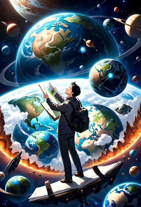 A man flies through the sky，Surrounded by a planet，A variety of goods surround it。The man holds the map，s illustration。