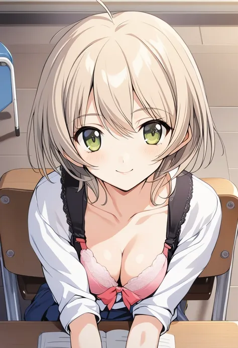 One girl,Kaoru、The upper body is shown、slender body,ideal ratio body proportions,Gentle expression、smile、classroom、Sitting、uniform、Cleavage、bra shot,Pink Bra、With arms outstretched、looking viewer,Leaning forward、from above,A complete depiction of the human...