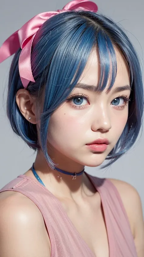 r_it is_meter, 1 girl,(beautiful face:1.25) short blue hair, blue eyes, hair above one eye, hair ornaments, pink hair ribbon, re...