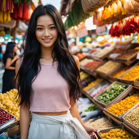 arafed woman with long black hair walking in a market place, flowing black hair, with black hair, photo of a beautiful woman, long flowing black hair, pink golden hour, curly black hair, beautiful young asian woman, beautiful asian woman, wild ginger hair,...