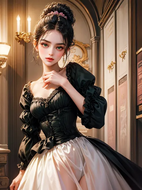 A girl, chignon black hair, small breast, green eyes. She wears a low-cut dress. She wears a pink Victorian era dress. Beautiful girl, detailed eyes, detailed face, detailed hands. She looks at the viewer. Full figure. Background inside of a hall