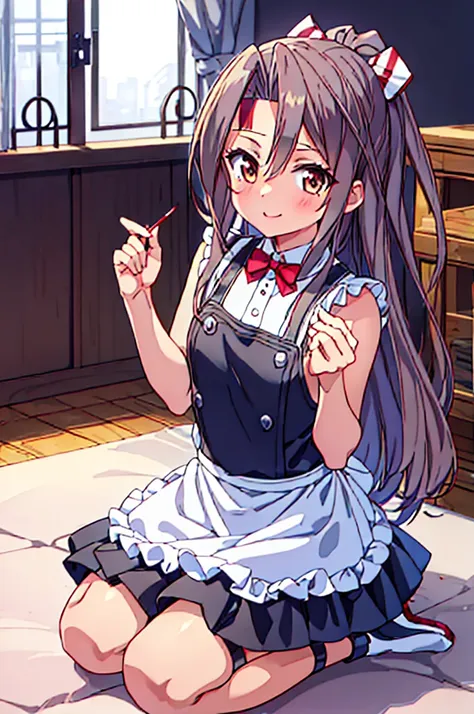 a anime version of a girl in maid outfit kneeling on a floor, 1girl, zuihou (kancolle), solo, long hair, alternate costume, maid, apron, enmaided, brown eyes, simple background, white background, breasts, looking back, seductive smile, Blood Mist,