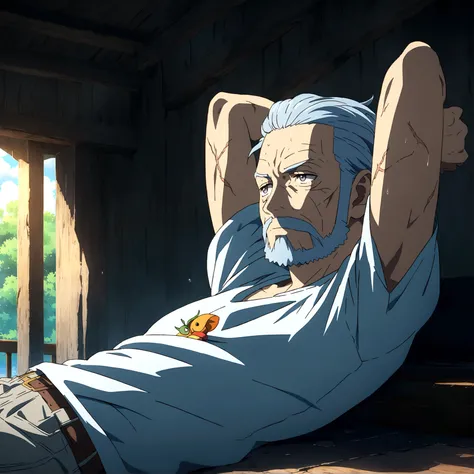 Old man, thin and defined body, gray blue hair, gray beard, gray eyes, scars all over the body, open gray old t-shirt, relaxed expression of laziness, lying down pose with arms behind the head, "Anime features inspired by One Piece, drenched in dramatic an...