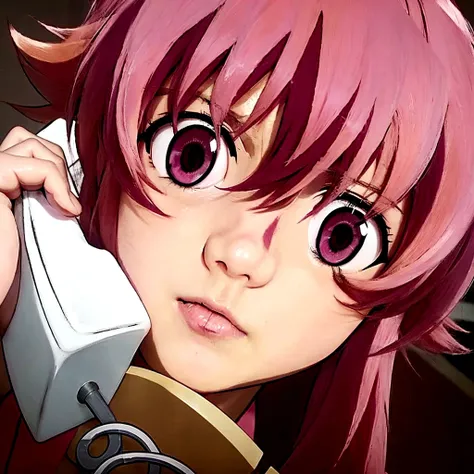 anime girl with pink hair talking on a cell phone, anime girl named gasai yuno, mirai nikki,  gasai yuno, gasai yuno, mirai nikk...