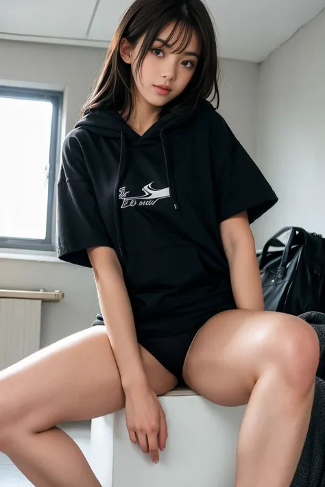 une femme de 18 ans sexy et mince , black short sleeve hoodie , salle de classe, se touche,position sey,sensuel